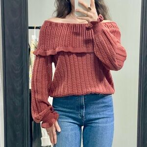 Women's Off-Shoulder Knit Sweater - Coral